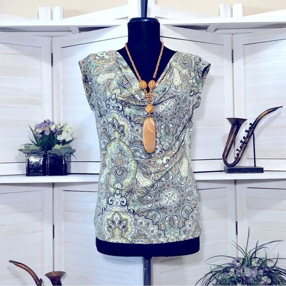 Premise Tops - NWOT Premise boho paisley print green floral cowl neck sleeveless blouse Sz S